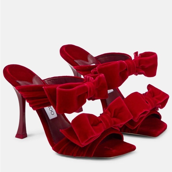 Jimmy Choo Red Velvet Flaca Bow Sandals - Picture 1 of 15